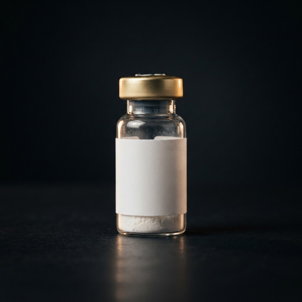 A laboratory peptide vial with a gold crimp cap and lyophilized powder